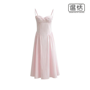 法式浪漫低胸气质，收腰显瘦吊带长裙，夏季粉色多巴胺连衣裙
