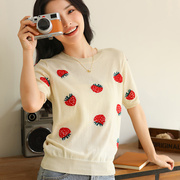 高货棉草莓针织短袖2024夏季女士圆领甜美风打底衫薄款T恤大