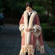 中国风毛披肩旗袍外搭皮草毛领披风女加绒加厚拜年斗篷外套秋冬季