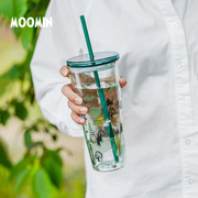 姆明moomin吸管杯双层耐热耐冷玻璃杯可爱卡通水杯创意果汁杯带盖