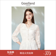 goodland美地女装，春季v领镂空蕾丝钉珠，设计白色衬衫上衣
