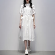 白色衬衫裙女2024夏季立领短袖抽绳收腰显瘦中长款a字连衣裙