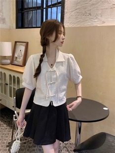 短袖衬衫百褶裙女夏新中式国风盘扣，设计感小众法式短款上衣两件套