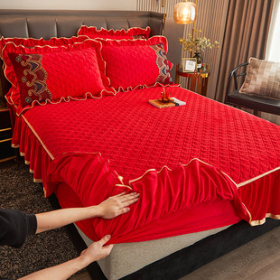 冬季大红色夹棉水晶绒床笠单件带裙边加厚珊瑚绒床罩全包防滑床围