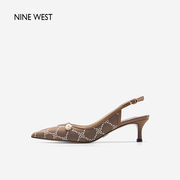 Nine West/玖熙复古凉鞋女夏季印花尖头包头后绊带中跟鞋