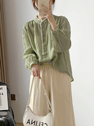 香港TIMO大牌花边领文艺苎麻衬衫女薄荷曼波风绿色春长袖棉麻上衣
