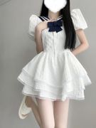 学院海军领小个子白色性感连衣裙，女夏季蓬蓬，公主裙纯欲风初恋短裙