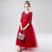 女童红色连衣裙2023秋装纱裙公主裙礼服高级感长裙儿童裙子女