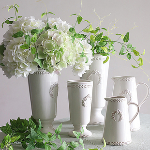 美式乡村地中海白色复古陶瓷花瓶麦穗浮雕鲜花插花花器台面大号