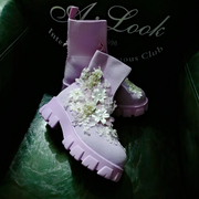 紫色弹力针织袜子鞋女2023欧洲站，重工厚底蕾丝水钻花朵休闲鞋