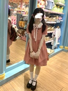 原创自制日系法式复古酒红格纹可爱连衣裙小个百搭甜美娃娃领裙