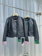 新中式国风高端黑色拼接皮衣，外套女2024早春高级感超正正版