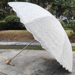 米白色复古典蕾丝刺绣花太阳伞黑胶防紫外线防晒遮阳晴雨两用洋伞