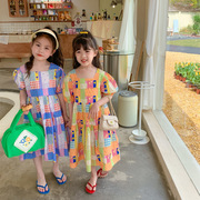 女童韩版裙子糖果色清新方领姐妹装连衣裙公主裙夏装外贸童装