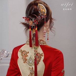 新中式新娘秀禾红色头饰后压流苏古装发簪民族风古典造型旗袍发饰