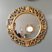 欧式浴室镜子复古金色，化妆镜装饰镜子圆形，雕花镂空玄关梳妆镜精美