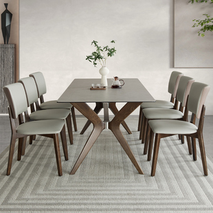 意大利进口灰色岩板餐桌，极简轻奢实木，长方形家用小户型餐桌椅组合