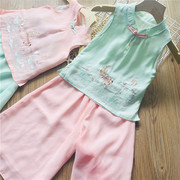 女童民族风雪纺立领衬衫裙裤子，两件套装夏季儿童宝宝刺绣盘扣汉服