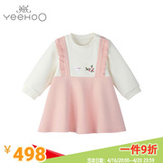英氏秋款婴儿裙子女宝宝童粉色假2件长袖连衣背带裙
