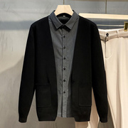 毛衣男士2023春秋季假两件针织，开衫时尚百搭衬衫领外套男黑色