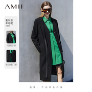 Amii2024年冬可拆卸领V领羊毛呢外套女两穿高级感黑色大衣