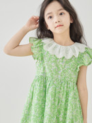 夏季2023女童纯棉甜美超仙连衣裙花边领绿色碎花公主裙