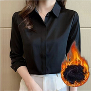 加绒加厚秋冬黑色衬衫女长袖韩版设计感宽松工装百搭衬衣女