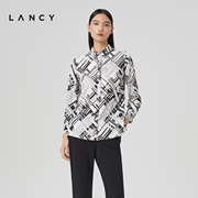 LANCY/朗姿2023春季通勤桑蚕丝衬衫女印花内搭宽松衬衣女款