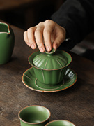 汝窑陶瓷三才盖碗茶杯功夫茶具套装单个高档不烫手家用大号泡茶碗