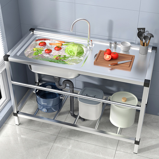 厨房304不锈钢水槽，水池洗菜盆洗碗池槽带支架工作台，洗手台盆家用