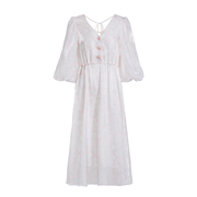 xenseyou原创设计粉白色v领四叶草印花欧根纱，连衣裙七分袖中长裙