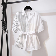 职场轻熟风女装2023年夏季设计感洋气韩版拼接白色衬衣娃娃衫