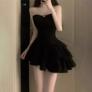 SPICY 气质黑色连衣裙女高级感抹胸生日小礼服不规则蛋糕裙蓬蓬裙