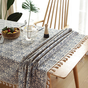 新中式复古青花瓷棉麻ins长方形餐桌台布流苏桌垫茶几桌布
