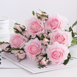 仿真玫瑰花束绢花塑料花假花单支客厅装饰花干花餐桌摆件婚庆花艺
