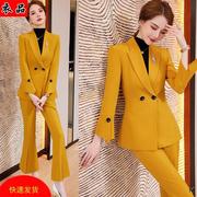 职业装套装女秋冬时尚，黄色西装套裤气质，韩版修身显瘦工作服