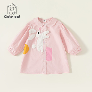 女童纯棉春秋装宝宝，粉红色兔子翻领中长款衬衫，儿童长袖连衣裙娃娃