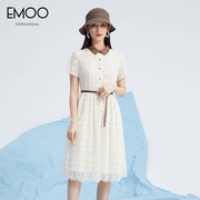 emoo杨门娃娃领蕾丝短袖，连衣裙女夏季法式收腰显瘦衬衫裙子