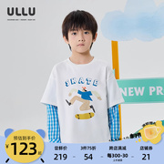 ULLU优露童装男童长袖T恤春滑板造型印花拼接格子袖假两件T恤