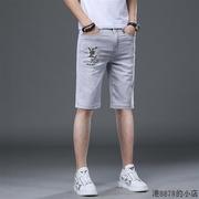 香港灰色刺绣牛仔短裤男五分夏季薄款欧货高端潮牌修身小脚中裤子