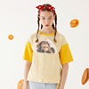 懒周日原创设计清新香蕉猩猩装饰女生拼接米白色条纹圆领短袖T恤