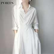 宝姿白色连衣裙秋季衬衫裙奢华大牌女装气质高级感长裙显瘦