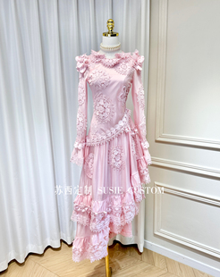 高定制重工澳洲小众设计款水溶蕾丝花朵喇叭袖不规则斜角连衣裙