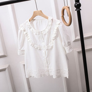 夏季法式娃娃衫上衣女大码宽松短款白色衬衫，设计感洋气百搭泡泡袖