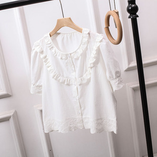 夏季法式娃娃衫上衣女，大码宽松短款白色衬衫设计感洋气百搭泡泡袖