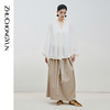 zhuchongyun24春米白色时尚，褶皱衬衣抽绳设计感荷叶v领衬衫