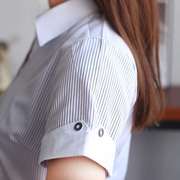 银行衬衫女短袖修身大码黑白，竖条纹职业装，工装长袖衬衣工作服
