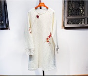 新中式羊毛连衣裙混织手绣毛织 春季米色禅意绒感保暖长裙