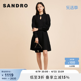 SANDRO Outlet女装春季水滴领黑色针织高腰法式连衣裙SFPRO01977