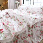 韩式田园公主风粉玫瑰花卉蕾丝全棉纯棉，床裙款床上用品被套四件套